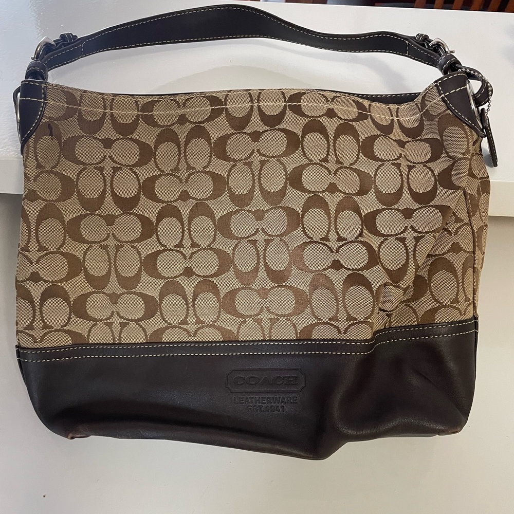 Coach Brown and Tan Signature Shoulder Bag